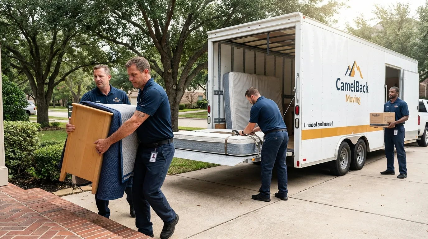 Crew loading residential truck for cross-state move from Midway City, CA