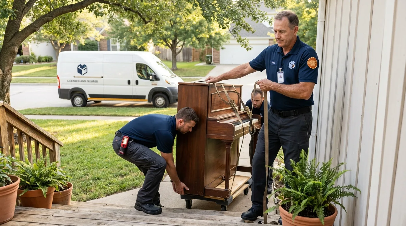 Licensed piano movers securing grand piano in Midway City, CA