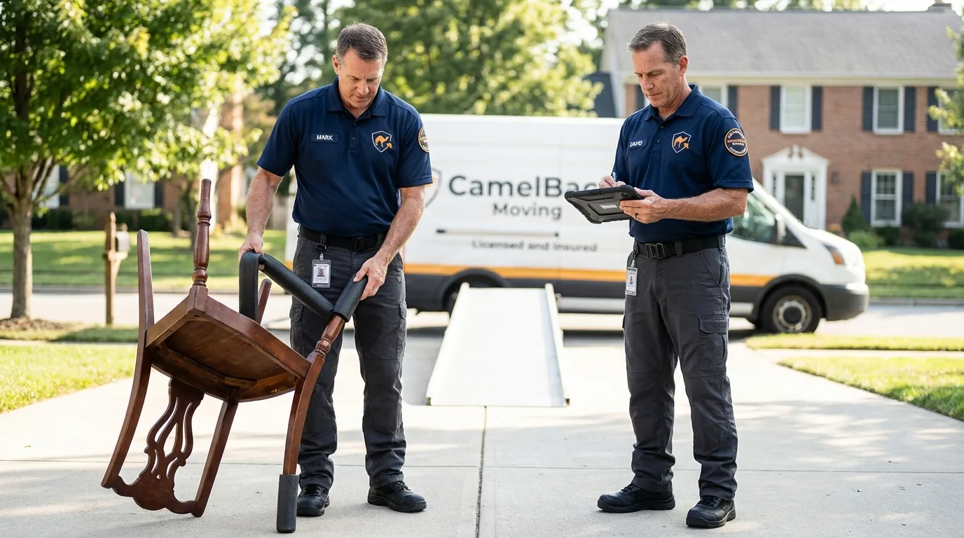 Movers inspecting furniture for damage prevention before loading in Midway City, CA